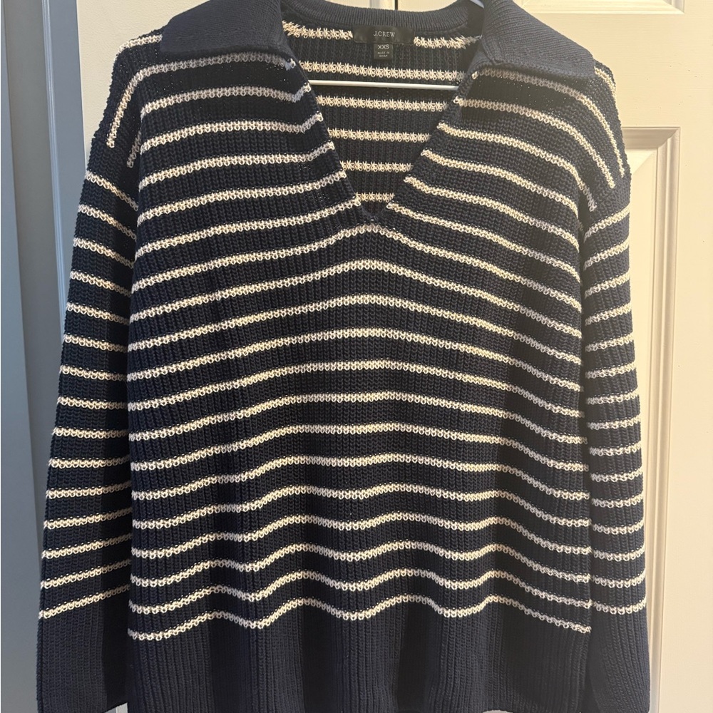 J. Crew Navy and Cream Striped Knit V-Neck Sweater